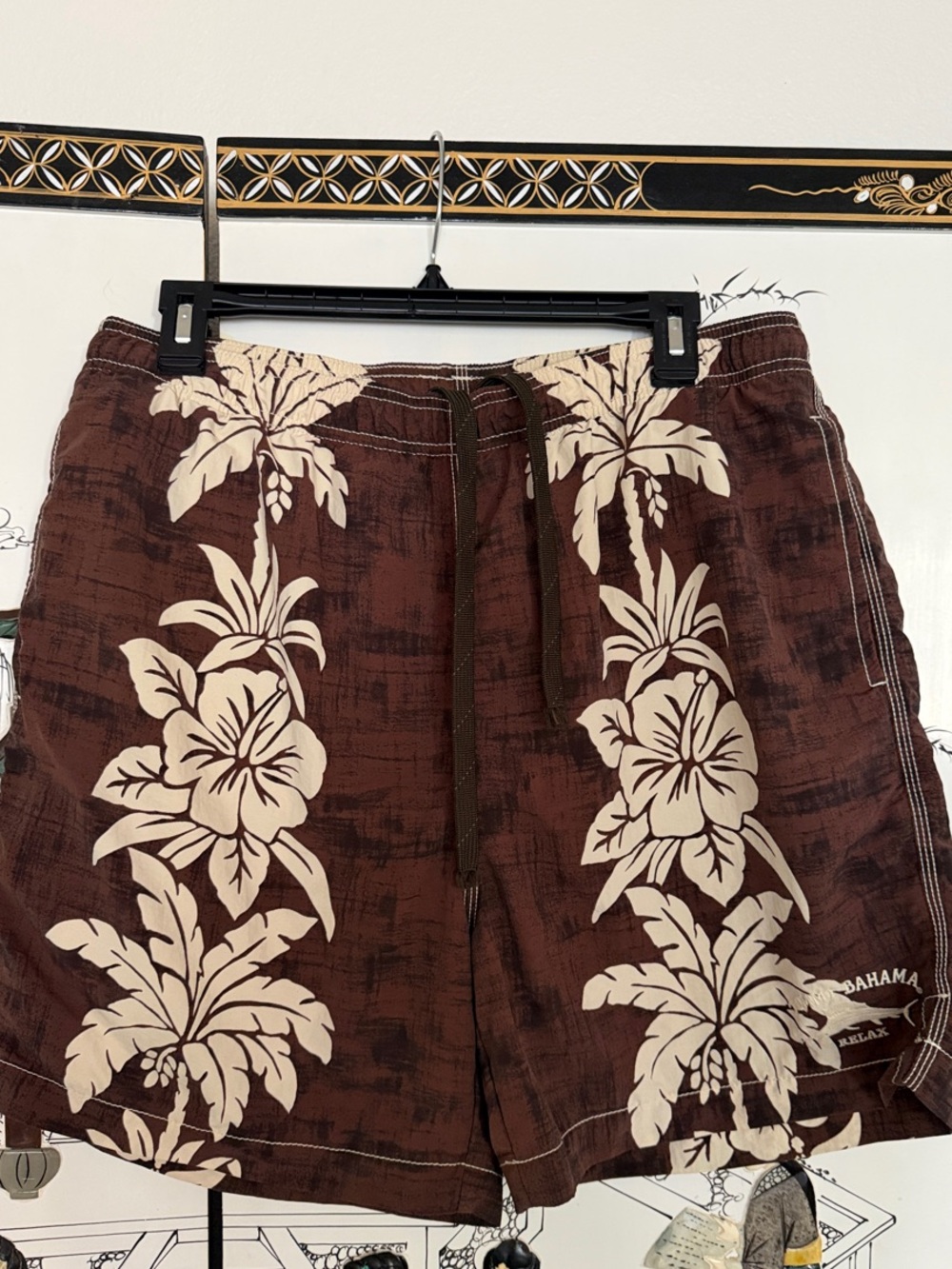 Old School Tommy Bahama Brown Swim Trunks with Cream Hibiscus Print